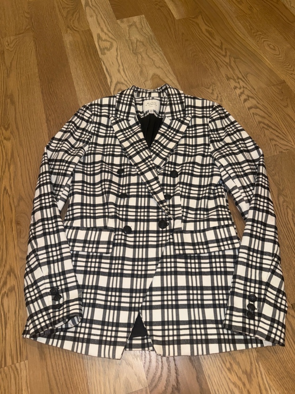 Maison d’Amelie Paris Double-Breasted Plaid Blazer Jacket in Black & White